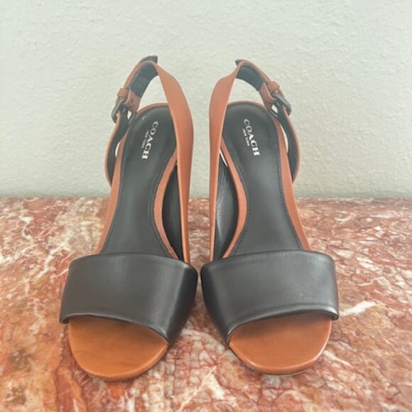 Coach Brown and Black Leather Slingback High Heel Sandals - Picture 2 of 5